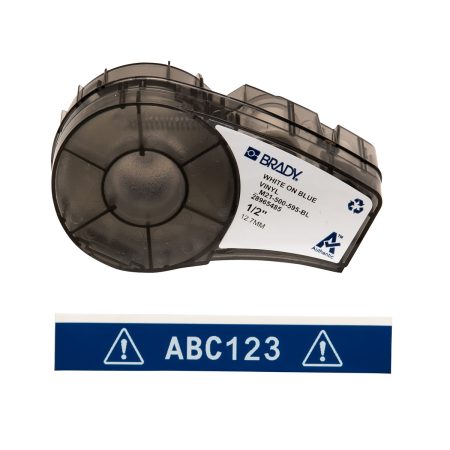 A label showcasing the BMP21 Plus Series B-595 Indoor Outdoor Vinyl Labels in White/Blue.