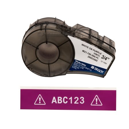 A White/Purple BMP21 Plus Series B-595 Indoor Outdoor Vinyl Label with warning.