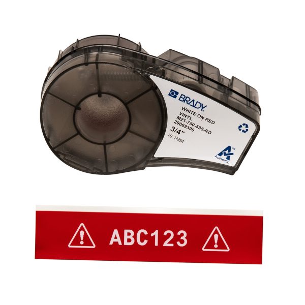 A warning label featuring the BMP21 Plus Series B-595 Indoor Outdoor Vinyl Labels in White/Red.