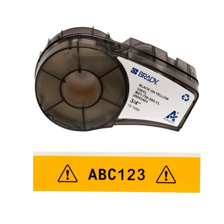 A label featuring the BMP21 Plus Series B-595 Vinyl Labels in Black/Yellow for both indoor and outdoor use.
