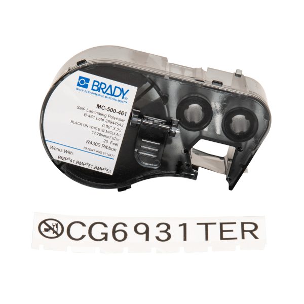 A Cryogenic Laboratory label cartridge for the BMP51 and BMP53 printers, featuring B-461 Self-laminating Polyester labels in Black/White.