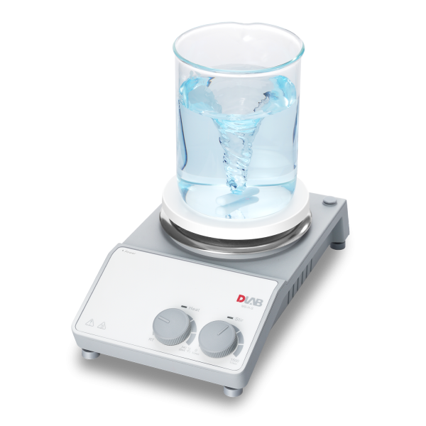 Glass of water on top of a Magnetic Stirrer Stainless Steel with Ceramic Coated Hotplate capable of reaching temperatures up to 340 Degrees with a 135mm Dia. Plate.