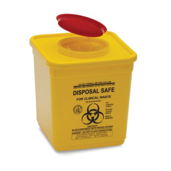 A yellow plastic sharps container with a 4.75lt capacity and dimensions of 185x185x205mm.