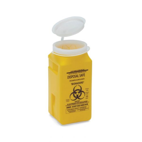 A 1.4lt yellow Sharps Container made of plastic with dimensions 200x90x90mm, including a lid.