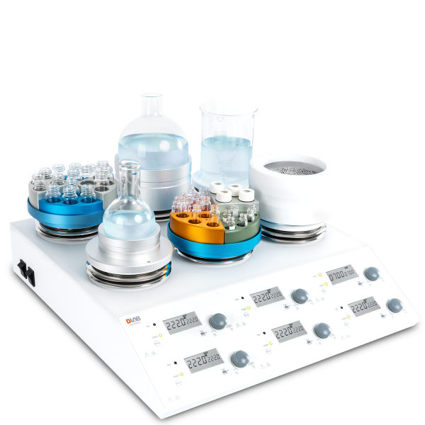 A 6 position Magnetic Stirrer Hotplate with a 135mm Dia. Plate, including PT1000-A Sensor and Support Clamp, suitable for various liquid experimentation.