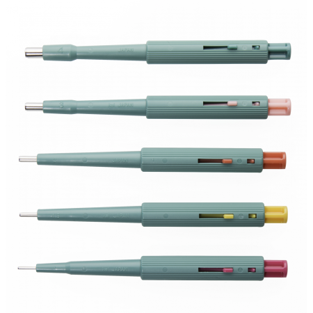 A group of different colored needles in a row.
