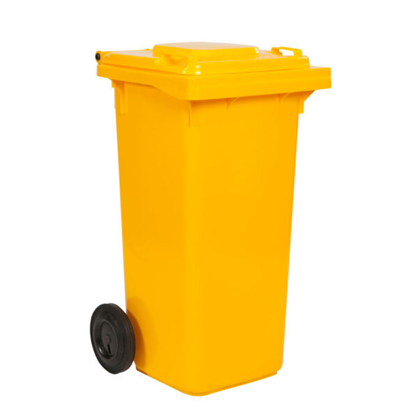 A Mobile Waste Bin 120LT Yellow with wheels on a white background.