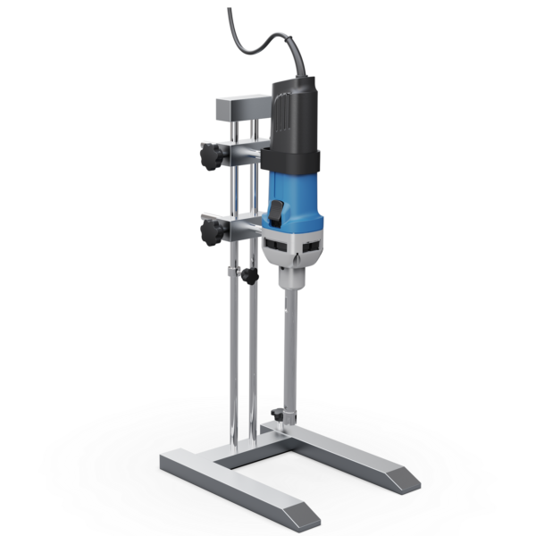 A blue and white D-500 Homogenizer Integrated Dispersing head 2, Emulsification for volumes 10 - 5000ml machine on a stand.