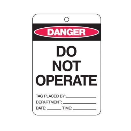 A Brady Lockout Tag - Danger Do Not Operate - Cardstock White/Red/Black (100/Pack) on a white background with Brady Lockout Tags.
