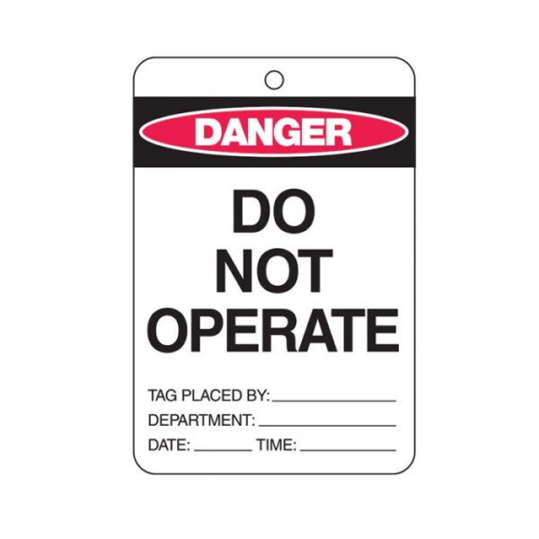 A Brady Lockout Tag - Danger Do Not Operate - Cardstock White/Red/Black (100/Pack) on a white background with Brady Lockout Tags.