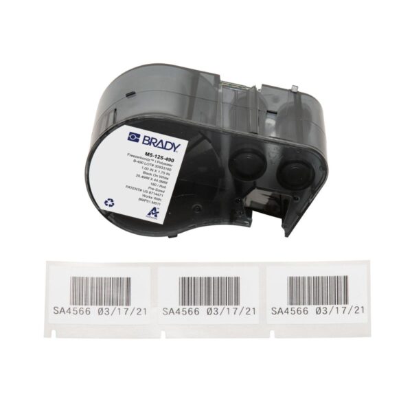 A Freezerbondz Cryogenic Matte Polyester Label attached to a barcode printer.