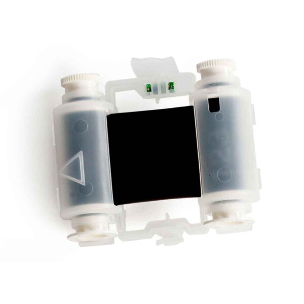 A plastic container with a black lid that replaces M7-R6000 BMP71/M710 Ribbon.