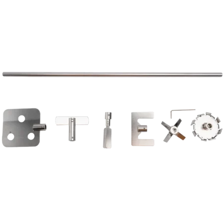Various metallic door hardware components and a Paddle stirrer arranged horizontally.