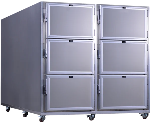 Industrial-sized mortuary refrigerators mounted on casters, featuring multiple compartments with metal handles.