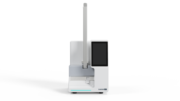 A compact, modern laboratory device with a vertical arm and a touchscreen display, labeled "SurePrint C7 Laser Cassette Printer with Single Hopper for up to 80 Cassettes," is set against a white background.