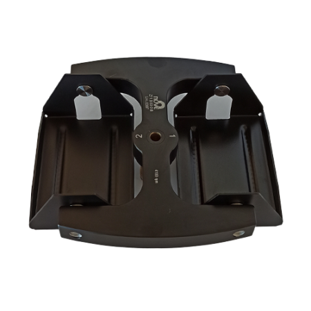 A black metal mounting bracket with two angled supports and screw holes for attachment, designed to securely hold equipment like an MP 100 Microtiter Plate Rotor, 2x1 Microplates, 4.100rpm, 2.011xg.