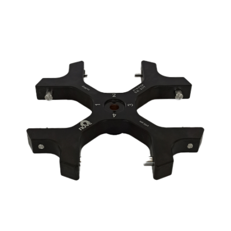 A black cross-shaped mechanical component with labeled sections and mounting bolts on each arm, designed as the RA 100 Swing-out rotor 4x100ml, 4.100rpm, 2.819xg, is shown on a white background.