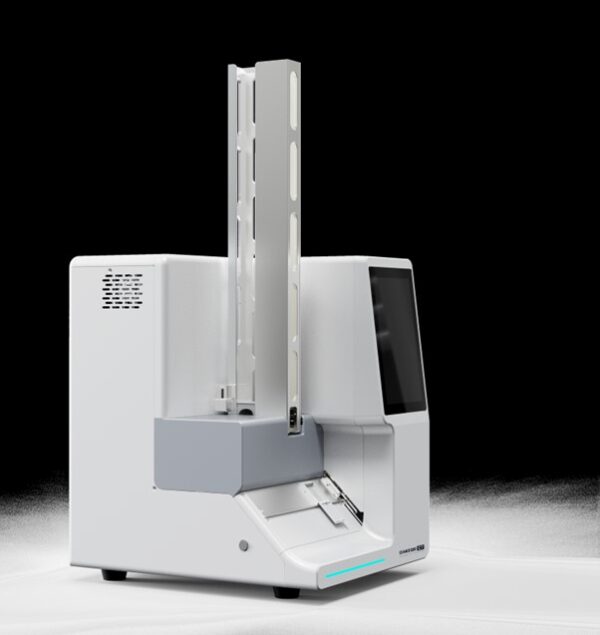 A white laboratory instrument with a vertical metallic component and a digital display screen, reminiscent of a SurePrint C7 Laser Cassette Printer with Single Hopper for up to 80 Cassettes, standing against a black background.