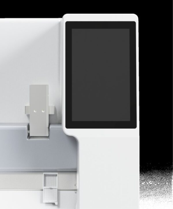 Modern SurePrint C7 Laser Cassette Printer with Single Hopper for up to 80 Cassettes with a touchscreen interface, a card reader slot near the bottom, and the capacity for 80 cassettes. The background is black and white.