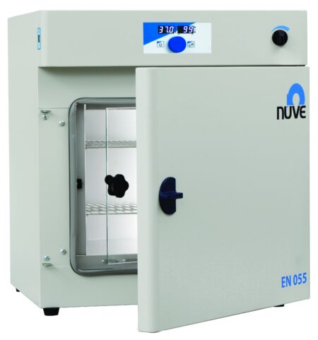 A laboratory oven with its door partially open, displaying two metal racks inside. The control panel on top shows a temperature readout of 37.0°C, perfect for maintaining ambient temperature. This Incubator, 22lt, Ambient Temperature +5°C to 80°C, Natural Convection with Inner Glass Door ensures precise natural convection for consistent results.