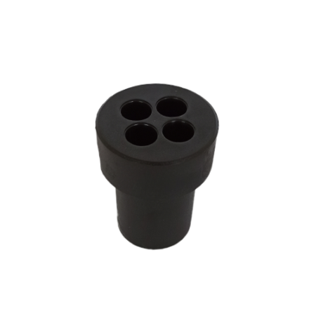 A black cylindrical object with four round holes on the top, ideal for a Set of 4 Inserts 4x15ml, each capable of holding up to 15ml.
