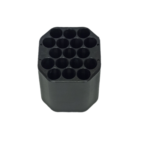 A black, cylindrical plastic container with twelve circular compartments on the top, perfect for holding Set of 4 inserts 17x5ml RIA w/o cap.