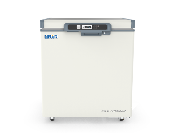 A white, upright Ultra Low Temperature Chest Freezer -40°C, 150lt with a digital control panel on the top front. Model labeled as MELNG International.