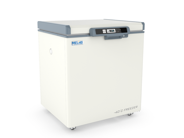 A white Ultra Low Temperature Chest Freezer -40°C, 150lt with a digital control panel and the label "-40°C Ultra Low Temperature Freezer" in the bottom right corner, featuring a grey handle and accents.