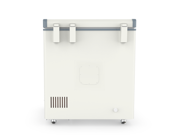 A white Ultra Low Temperature Chest Freezer -40°C, 150lt with a square design, two handles on the top front edge, and ventilation slots at the bottom left. This ultra low temperature freezer, which can reach -40°C, also has small wheels for added mobility.