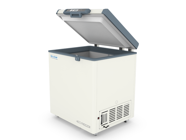 An open Ultra Low Temperature Chest Freezer -40°C, 150lt with a blue lid, showcasing its spacious 150lt interior. The control panel is conveniently located at the front near the lid, and vents are visible at the bottom for ultra-low temperature efficiency.
