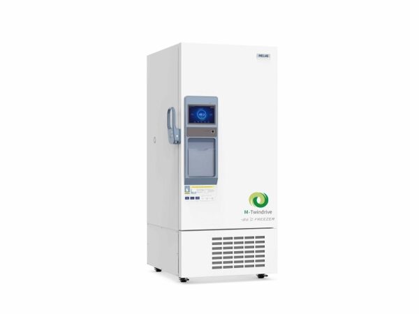A white vertical laboratory freezer with a touchscreen control panel and a handle on the front. Labeled "Freezer Ultra Low Dual Core System, Upright 530lt, -86°C," it features a vent at the bottom and offers optimal storage solutions for sensitive materials.