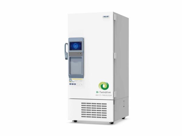 A white upright Freezer Ultra Low Dual Core System, Upright 530lt, -86°C with a digital control panel on the door, a handle on the side, and a logo reading "M-Twindrive" on the front.
