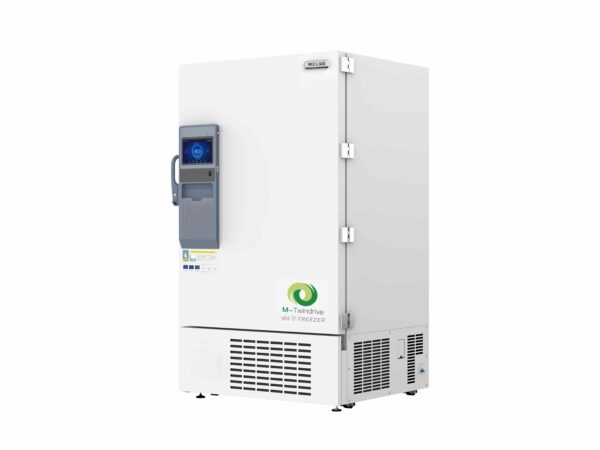 Image of a tall, white medical laboratory freezer with a digital display and handle on the front. The Freezer Ultra Low Dual Core System, Upright 780lt, -86°C has a logo with a green spiral and the text "M-Twinline" and "-86°C FREEZER" on it. This model features an advanced Dual Core System for enhanced performance.