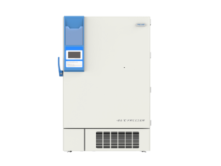 A vertical white laboratory freezer with a blue handle and storage compartments on the left side. The unit is labeled "Freezer Ultra Low, Upright 858lt, -86°C" at the top and "Ultra Low Freezer" at the bottom, ensuring it effectively reaches temperatures of -86°C.