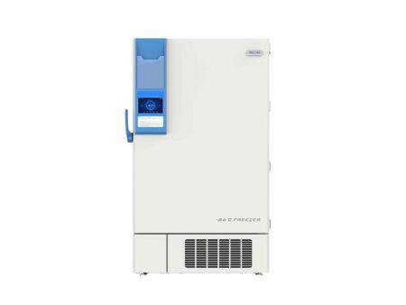 A white, upright Freezer Ultra Low, Upright 858lt, -86°C, Cascade Cooling with a blue handle and a small control screen on the door, featuring advanced Cascade Cooling technology.