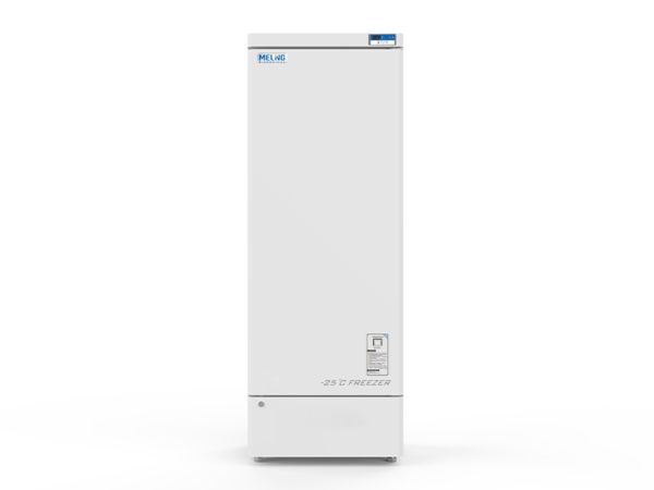 A tall, white Biomedical Freezer -10 to -25°C, Upright 270lt, 7 ABS Drawers with a digital display, labeled "MELNG" and "-25°C FREEZER," featuring ABS drawers for organized storage.