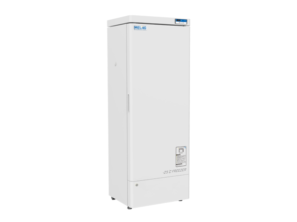 Biomedical Freezer -10 to -25°C, Upright 270lt, 7 ABS Drawers with a digital display on the top right corner, and the MELAG logo on the upper left corner. The freezer is labeled "-25°C FREEZER" at the bottom.