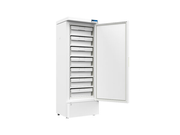 A white upright Biomedical Freezer -10 to -25°C, Upright 270lt, 7 ABS Drawers with its door open, revealing several pull-out wire shelves inside; it boasts a 270lt capacity for optimal storage.