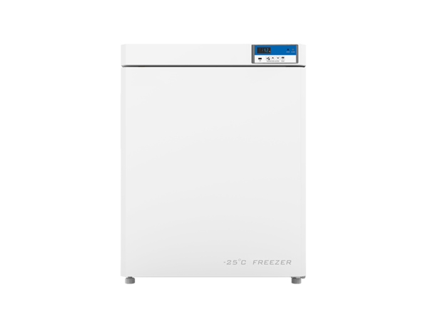 A white, upright 90lt Biomedical Freezer -10 to -25°C, Upright 90lt, 3 ABS Drawers with a digital display and control panel at the top right corner, showing a temperature of -25°C. The word "FREEZER" is printed at the bottom on the front. Ideal as a biomedical freezer with adjustable settings from -10 to -25°C.