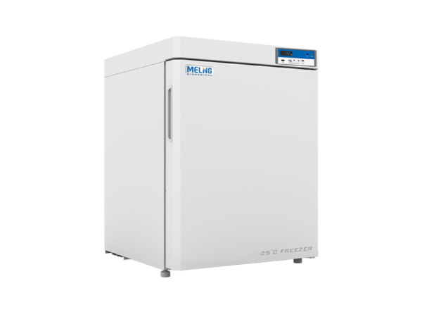 A white, Biomedical Freezer -10 to -25°C, Upright 90lt, 3 ABS Drawers with a digital control panel displaying -25°C. The brand name "Meling" is visible at the top left corner of the freezer.