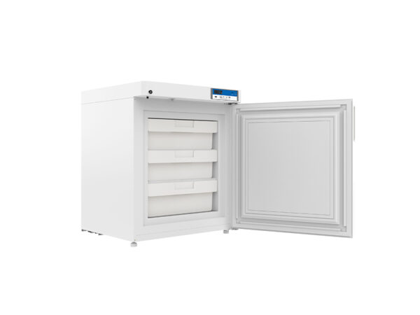 A Biomedical Freezer -10 to -25°C, Upright 90lt, 3 ABS Drawers is shown with its door open, revealing the storage compartments inside. The control panel is located on the top front edge of the upright 90lt unit.