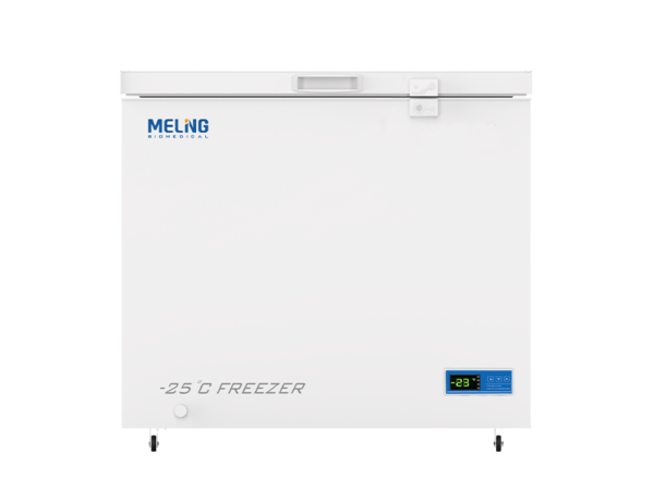 A white Biomedical Chest Freezer -10 to -25°C, 226lt is shown, featuring a digital display reading -23°C.
