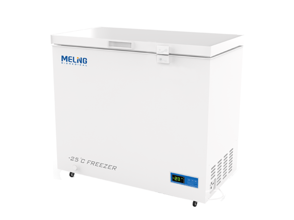 Biomedical Chest Freezer -10 to -25°C, 226lt with "-25°C Freezer" text, a digital temperature display showing "-28°C", and "Meling Biomedical" logo on the front. The 226lt freezer has vent slits at the bottom, is on casters, and operates within a range of -10 to -25°C.