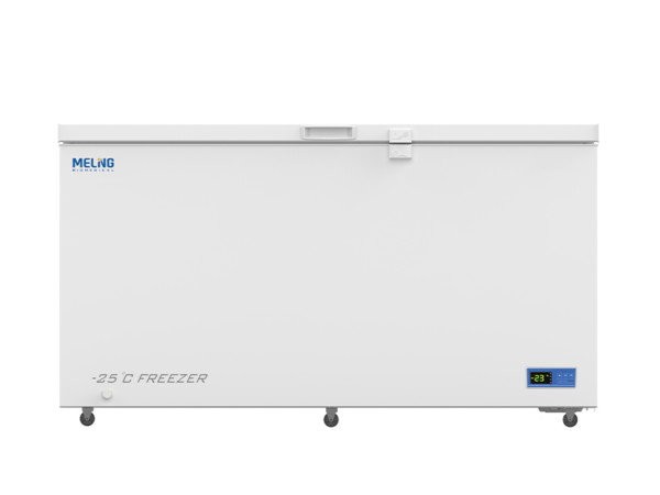 A white Biomedical Chest Freezer -10 to -25°C, 508lt with a digital display showing a temperature of -23°C, branded with "Meling," and labeled as "-25°C FREEZER" at the bottom-left corner. This 508lt unit operates efficiently within a range of -10 to -25°C.