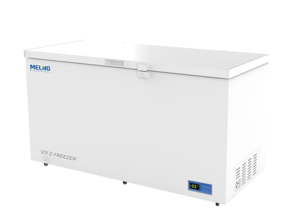 Biomedical Chest Freezer -10 to -25°C, 508lt with a digital temperature display showing -23°C, a capacity of 508lt, a small vent at the bottom, and a handle on the front of the lid. It's designed to maintain temperatures from -10 to -25°C efficiently.