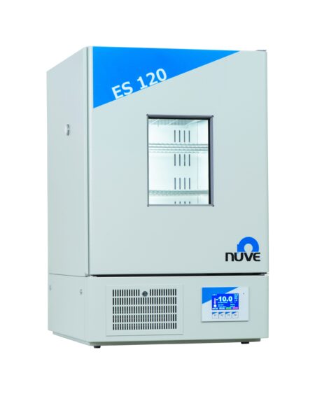 The Cooled Incubator, 158lt, a 158lt cooled incubator, boasts a glass window and digital control panel. It features adjustable shelves and a temperature display showing -10.0°C.