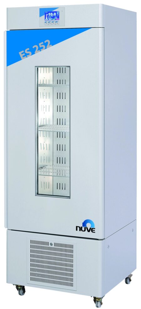 The Cooled Incubator, 288lt by Nuve features a digital control panel and a glass front door displaying internal shelves, making it an ideal cooled incubator for precise temperature control and monitoring.