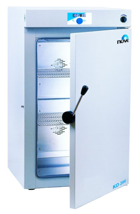 An open Oven/Steriliser with Forced Air Ventilation, 208lt with a digital display and three shelves labeled "nuve KD 200," featuring Forced Air Ventilation for optimal temperature control.