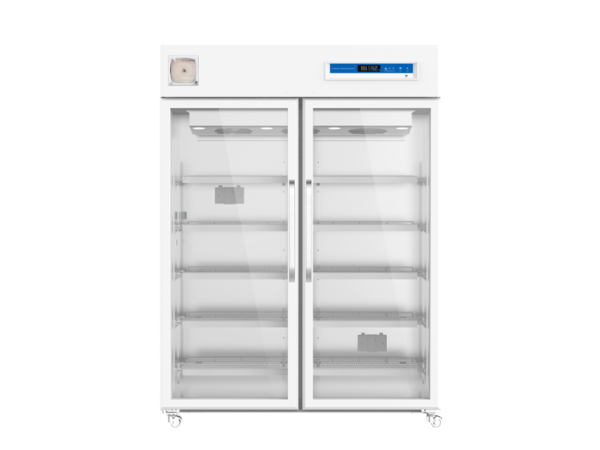 A large, white, **Pharmacy Lab Refrigerator 2-8°C, 1320lt Upright, Double Door, Digital Display with LED light and Door Lock** with multiple empty shelves and a digital display at the top.
