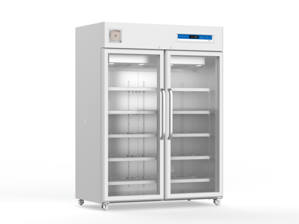 A Pharmacy Lab Refrigerator 2-8°C, 1320lt Upright, Double Door, Digital Display with LED light and Door Lock with multiple adjustable shelves stands on caster wheels for easy mobility. Ideal for a pharmacy lab refrigerator.